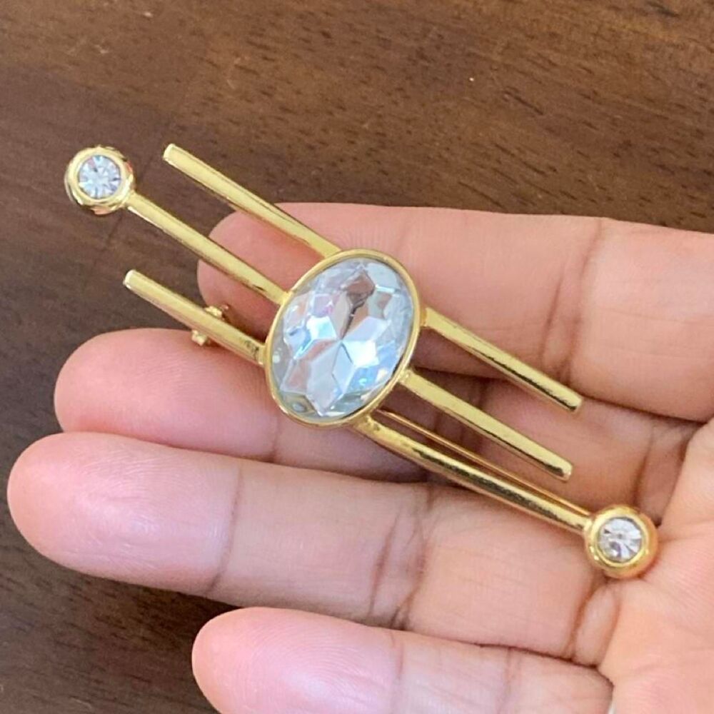 Vintage Art Deco Gold Tone Triple Bar Brooch Pin with Clear Crystal Accents